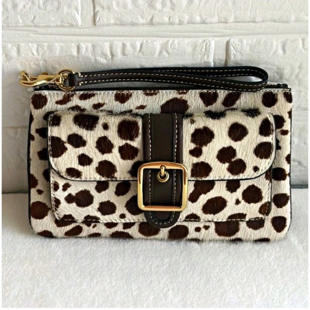 NWT Coach CEN13 Ashton Wristlet In Printed Haircalf &Leather Dark Brown Chalk
